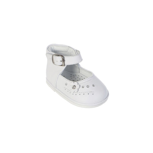 Girls White Flower Accent Ankle Strap Leather Baptism Dress Shoes 1-4 Baby - SophiasStyle.com